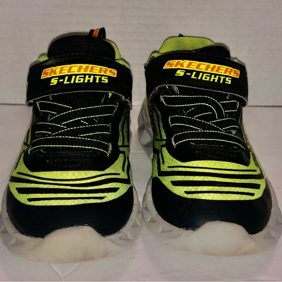 Skechers S-Lights Sneaker Shoes School Size 10 Black Neon Yellow Pre-owned - Picture 7 of 10